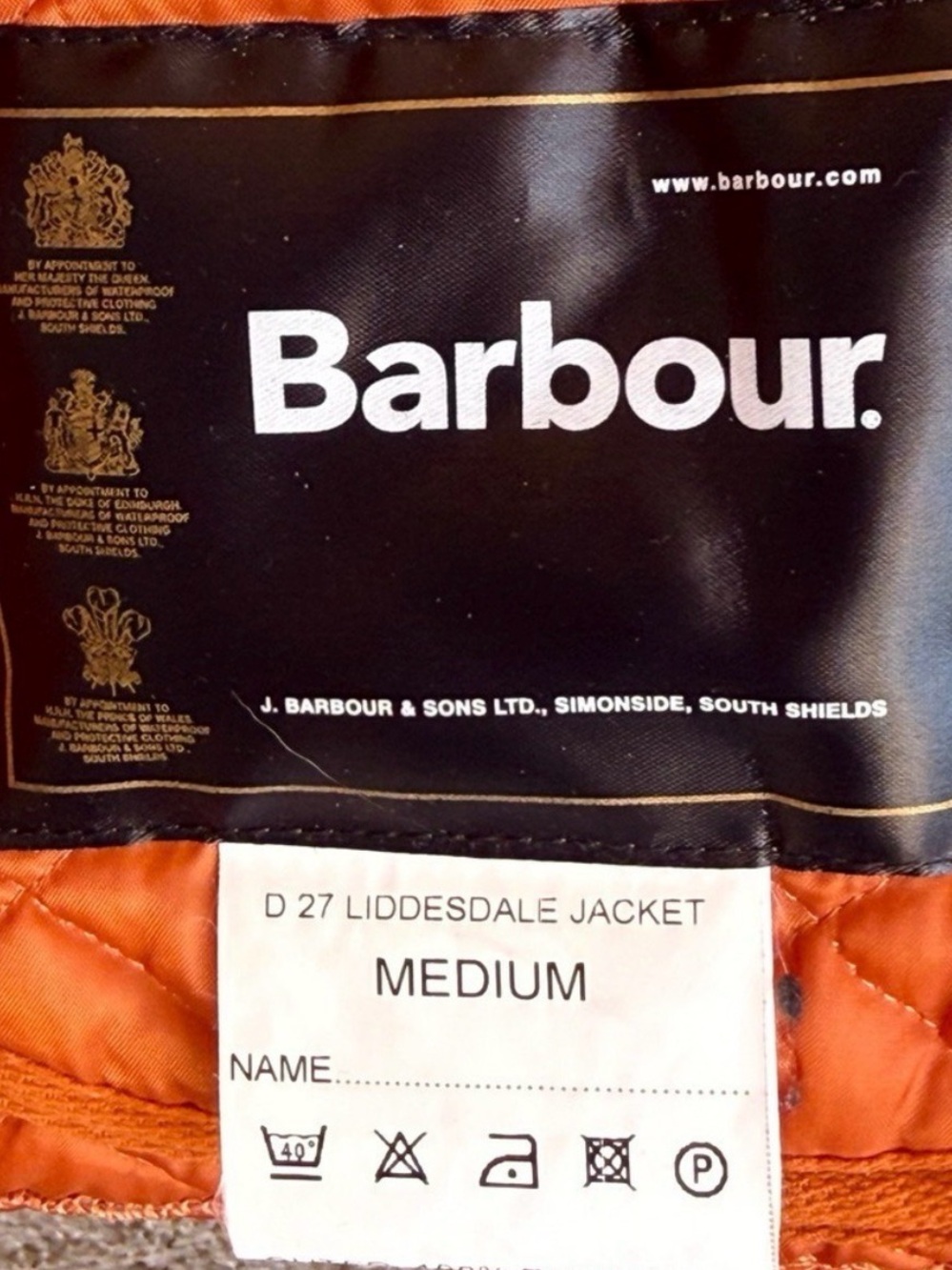 Barbour Orange Quilted Lightweight Jacket with Brown Corduroy Collar - Picture 10 of 10